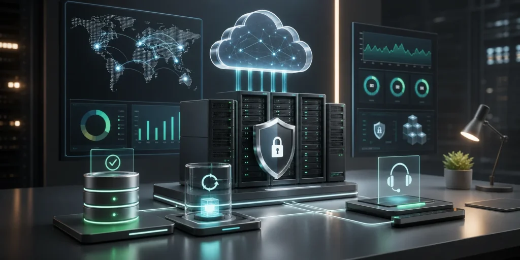 Managed hosting infrastructure with cloud, server racks, backup and security monitoring panels